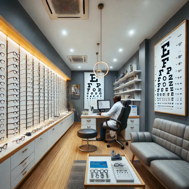 DALL·E 2024 07 13 13.09.14 A professional opticians office in Yaounde Cameroon. The office is clean and modern featuring a well organized display of eyeglasses on the walls 1 1 768x768